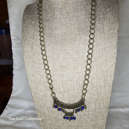 Eclectic Olive Green Chain & Adjustable Leather with Exotic Lapis Necklace and Earring Set