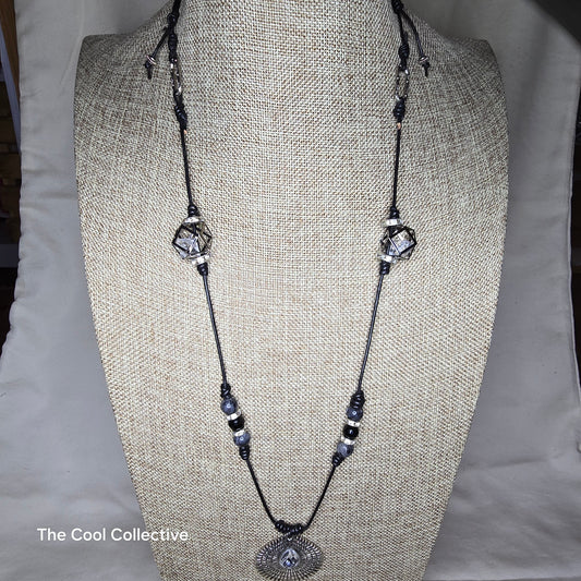 Silver & Crystal Focal, Black Labradorite & Onyx Beads, Silver Tone Accents on Adjustable Black Leather & Earrings Set