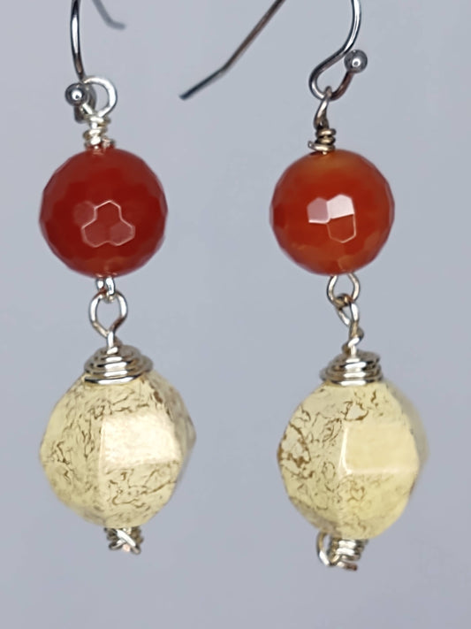 Burnt Orange Agate & Ceramic Beads Earrings on Stainless Steel Ear Wires