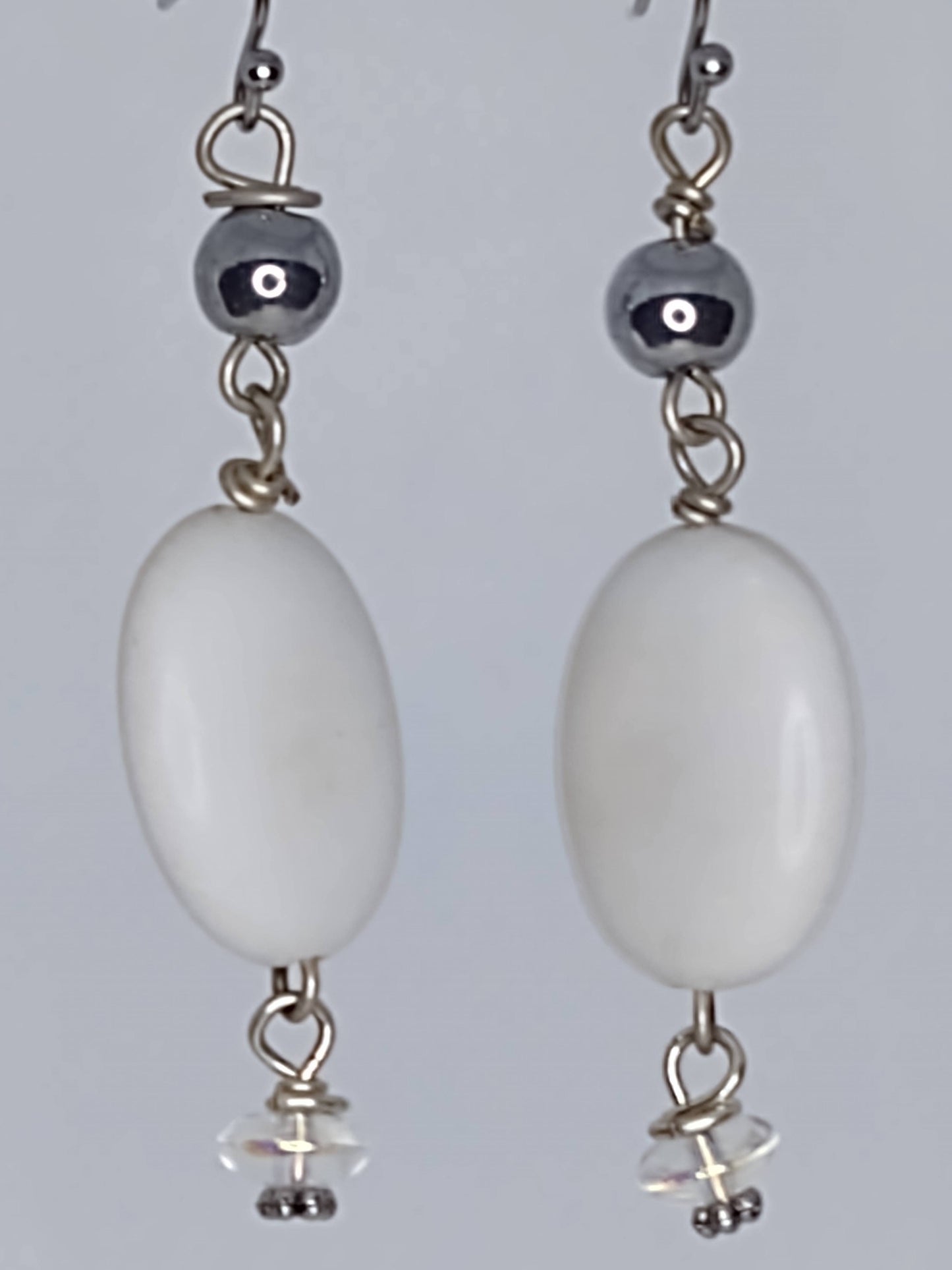 White Czech Glass & Clear Crystals & Silver Tone Beads Earrings on Stainless Steel Ear Wires