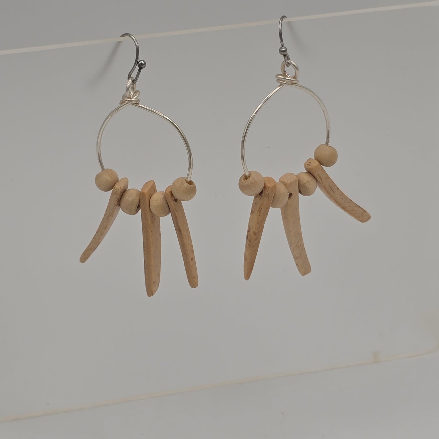 Small Wire Hoop Earrings With Cream Wood Spikes & Beads on Stainless Steel Ear Wires