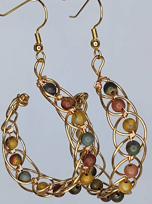 Braided Gold Tone Wire with Fancy Jasper Beads Hoop Earrings on Gold Tone Ear Wires