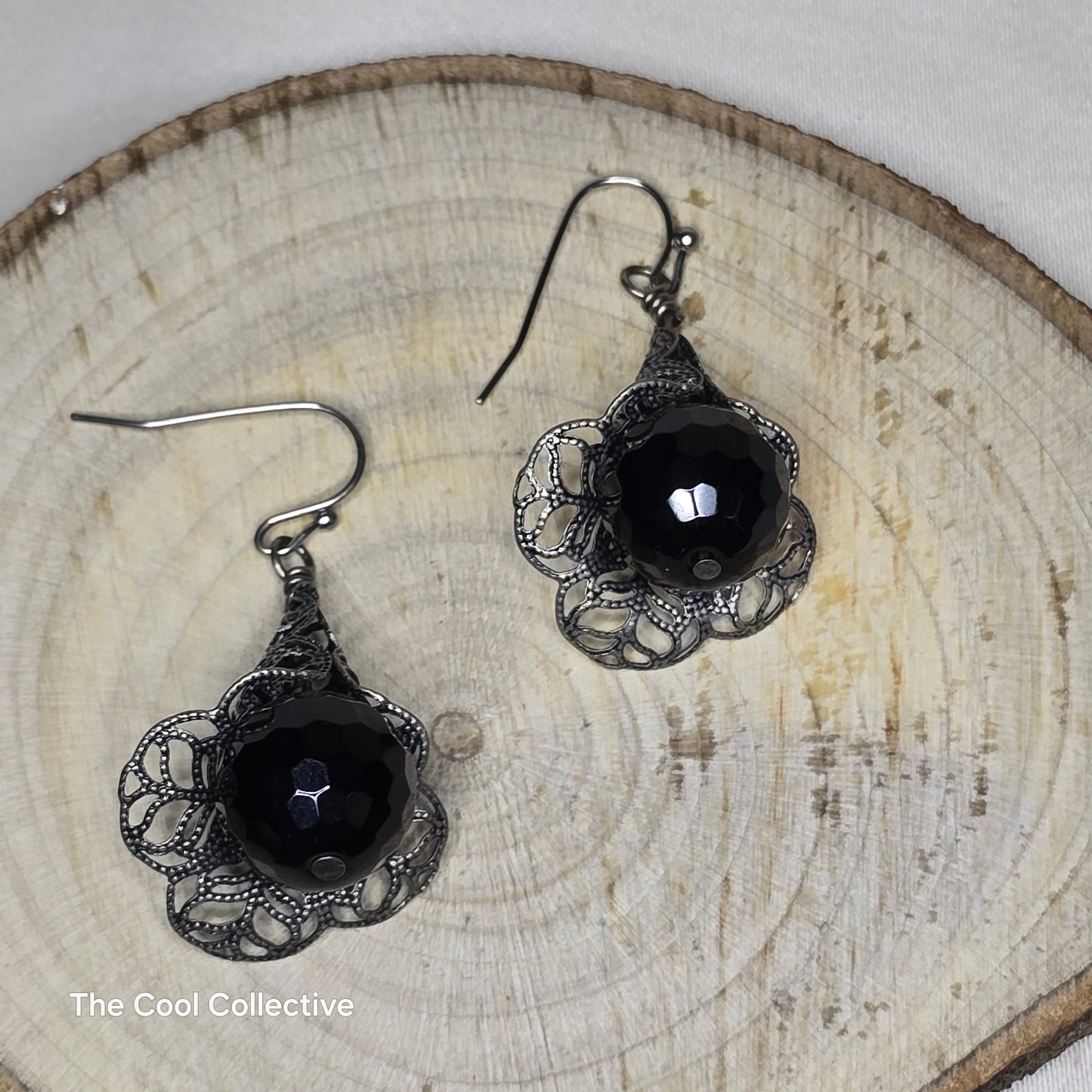 Gun Metal Filigree & Black Crystal Earrings on Stainless Steel Ear Wires