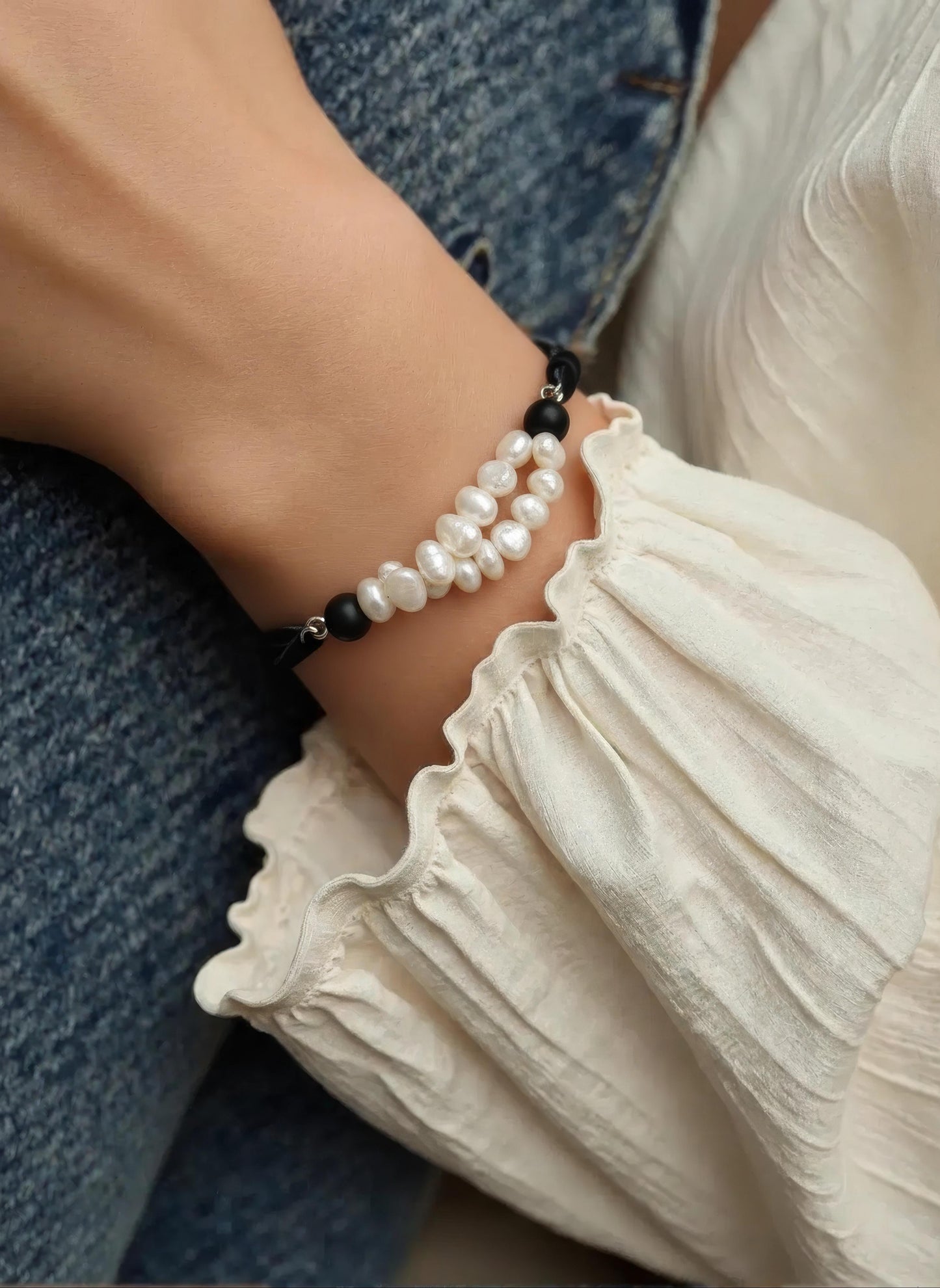 Adjustable Bracelet on Black Suede and Freshwater Pearls & Matte Onyx and Silver Tone Accents
