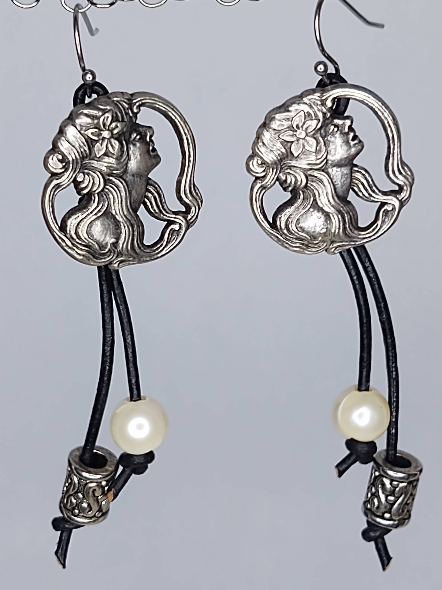 Goddess Button Earrings on Leather with Freshwater Pearls and Silver Tone Beads on Stainless Steel Ear Wires