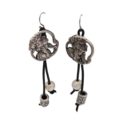 Goddess Button Earrings on Leather with Freshwater Pearls and Silver Tone Beads on Stainless Steel Ear Wires