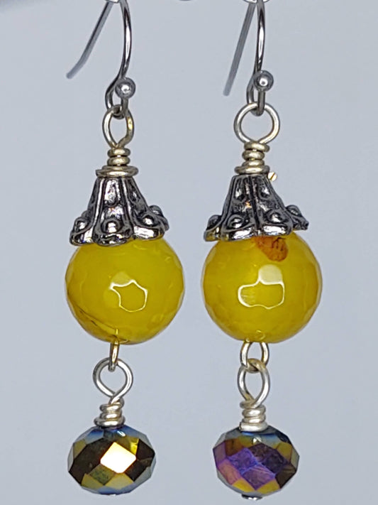 Golden Agate and Rainbow Crystals with Silver Tone Accents and Stainless Steel Ear Wires