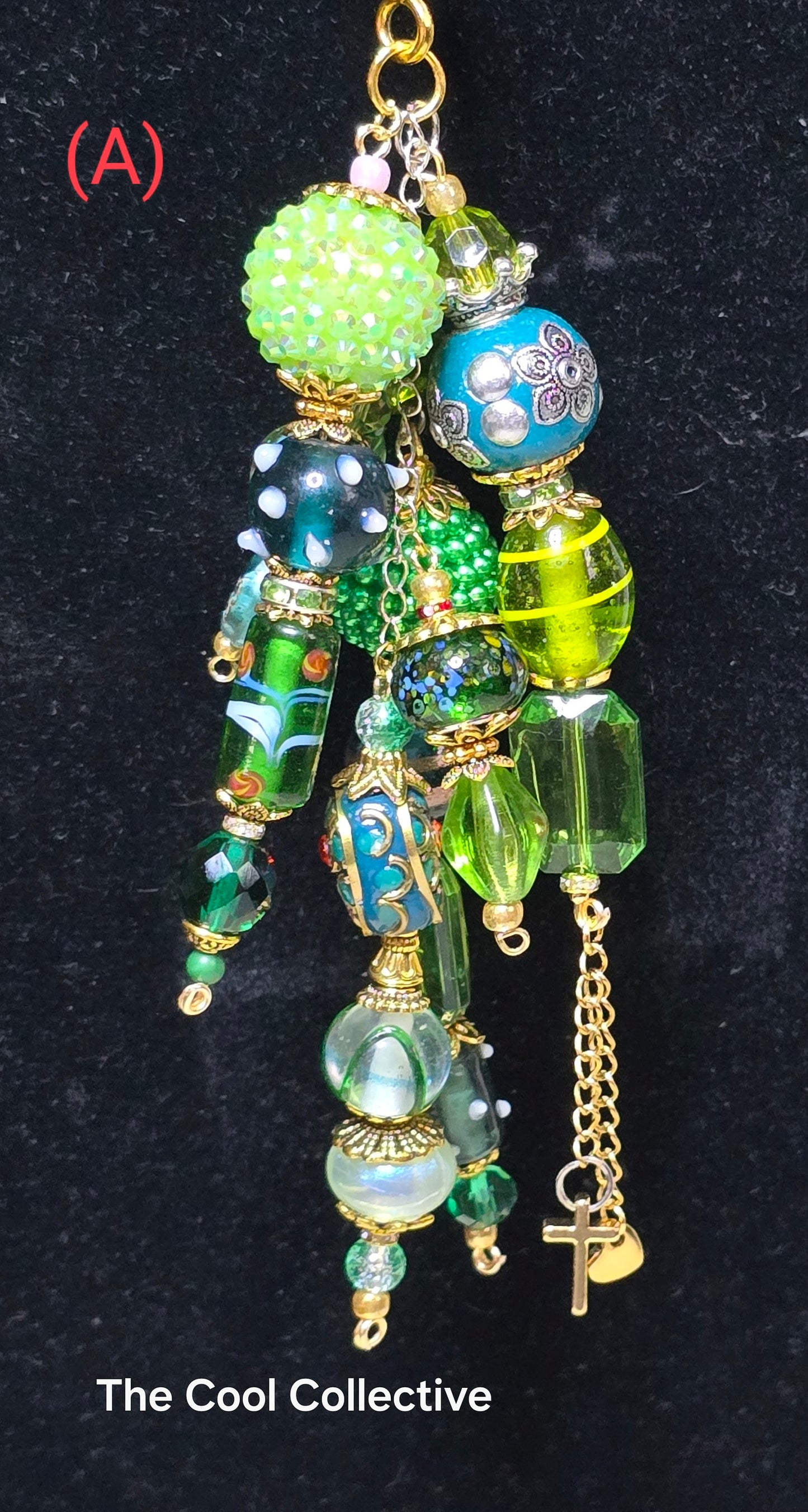 Greens - Purse Charm, Suncatcher, Mirror Charm, Bookmark, Backpack Charm, Keychain, Wristlet Charm, Ornament - With Lobster Clasp and Gold Tone Cross