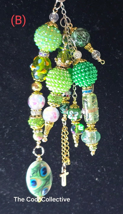 Greens - Purse Charm, Suncatcher, Mirror Charm, Bookmark, Backpack Charm, Keychain, Wristlet Charm, Ornament - With Lobster Clasp and Gold Tone Cross