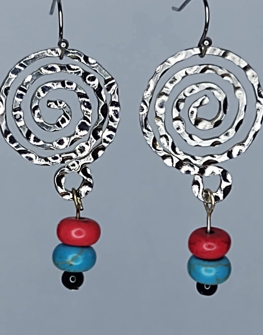 Hammered Silver Tone Swirls with Red & Blue Howlite Beads and Stainless Steel Ear Wires