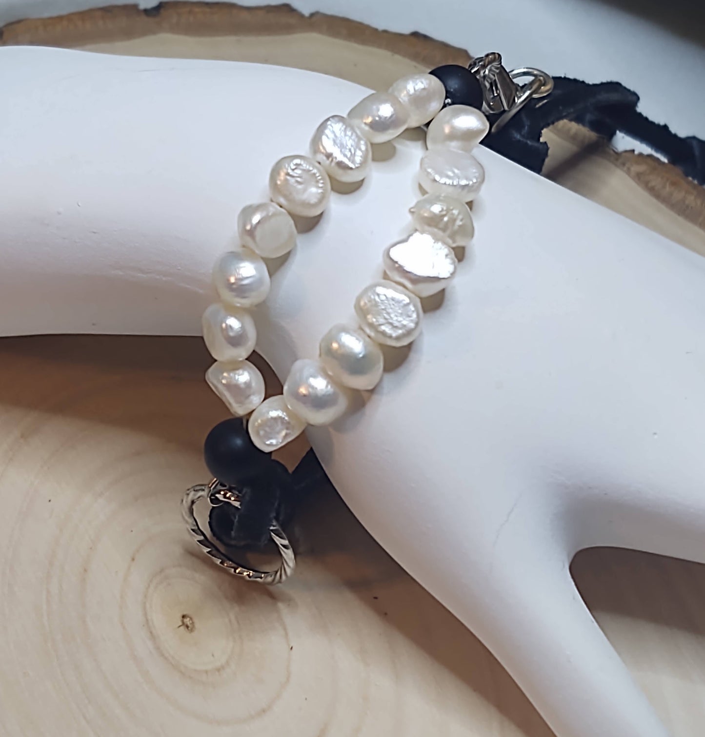 Adjustable Bracelet on Black Suede and Freshwater Pearls & Matte Onyx and Silver Tone Accents