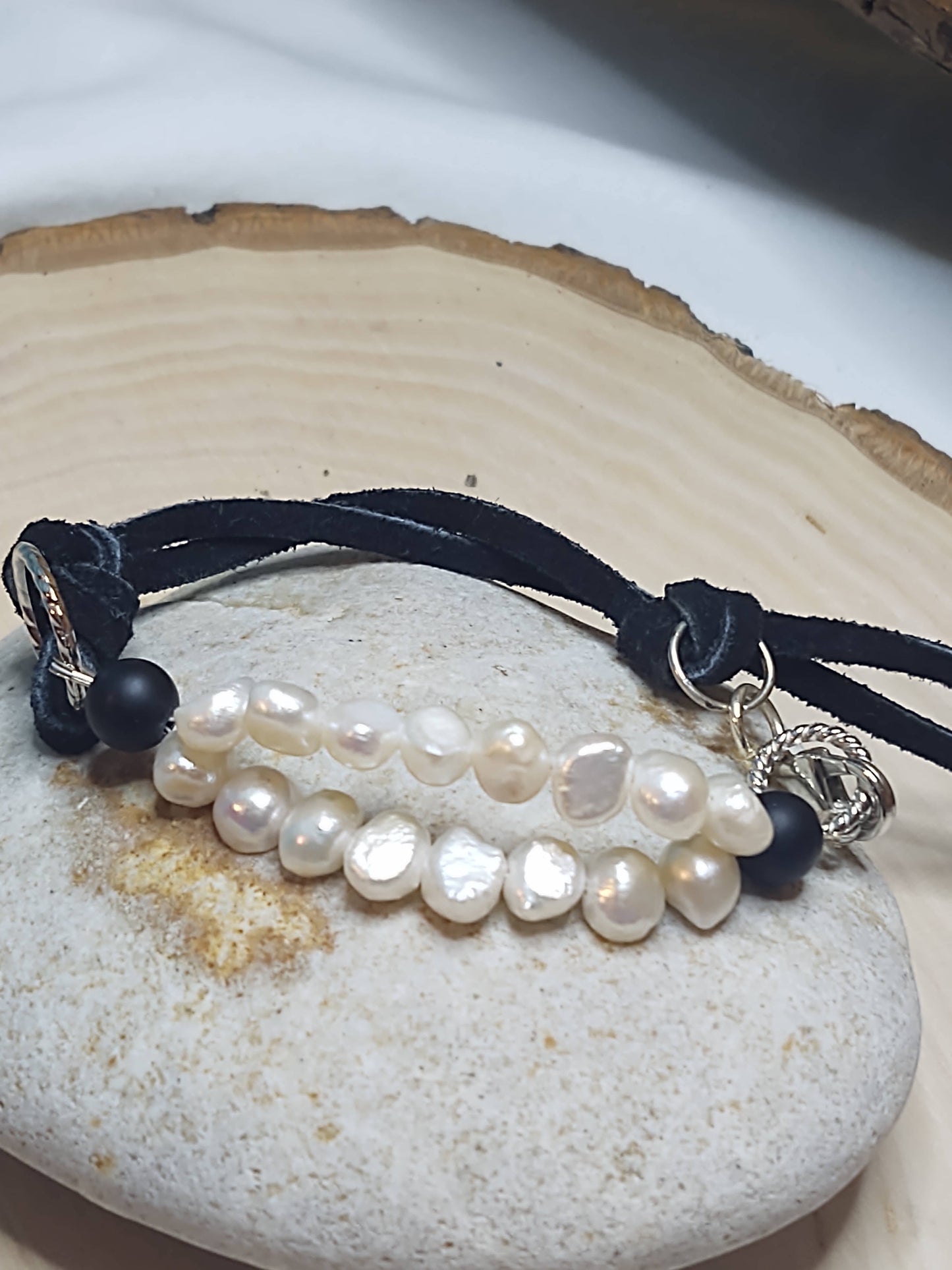 Adjustable Bracelet on Black Suede and Freshwater Pearls & Matte Onyx and Silver Tone Accents