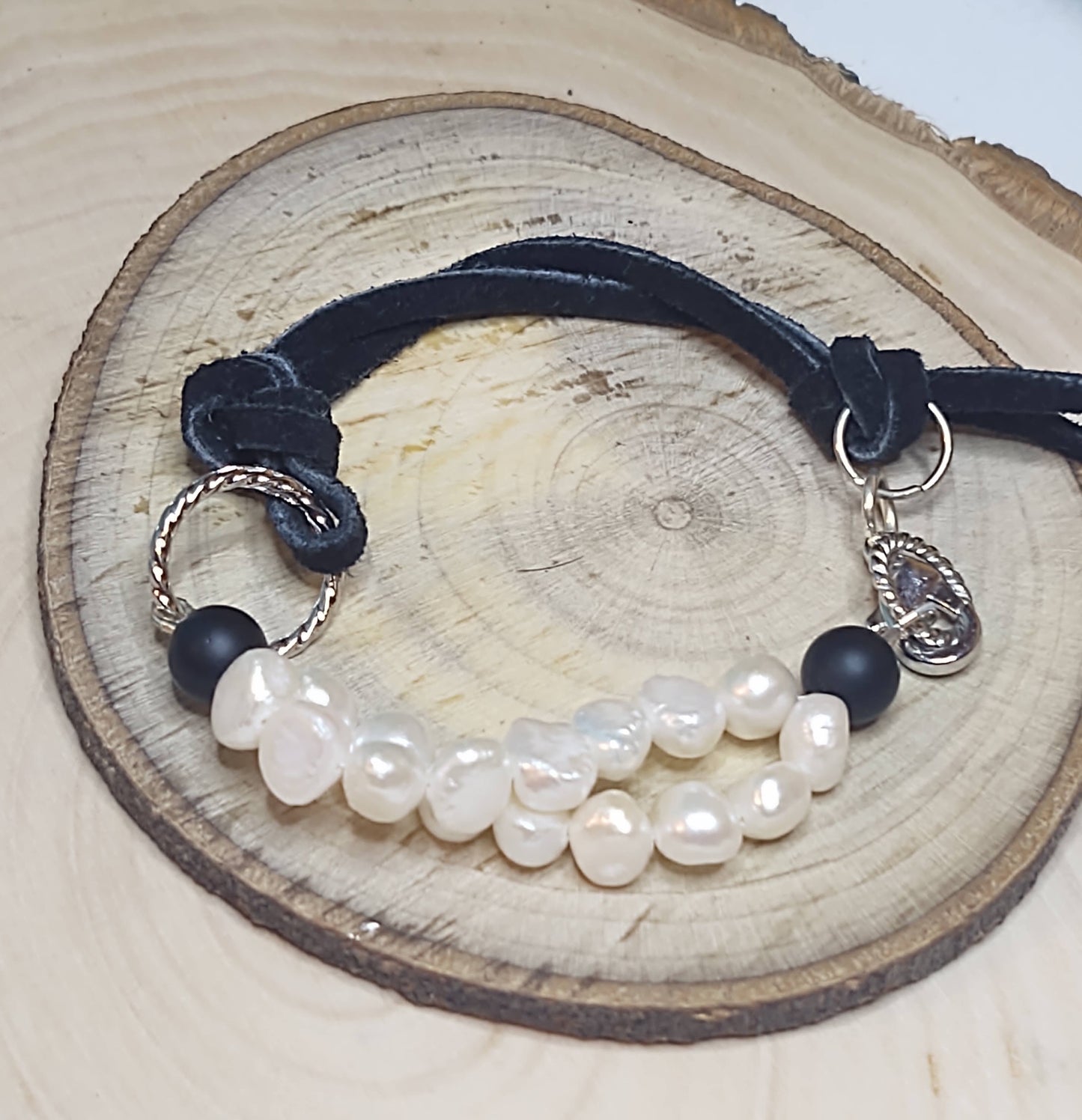 Adjustable Bracelet on Black Suede and Freshwater Pearls & Matte Onyx and Silver Tone Accents