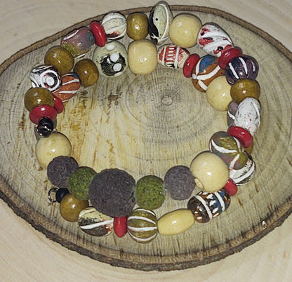 Lava Bead Memory Wire Bracelet with Colorful Clay & Wood Beads