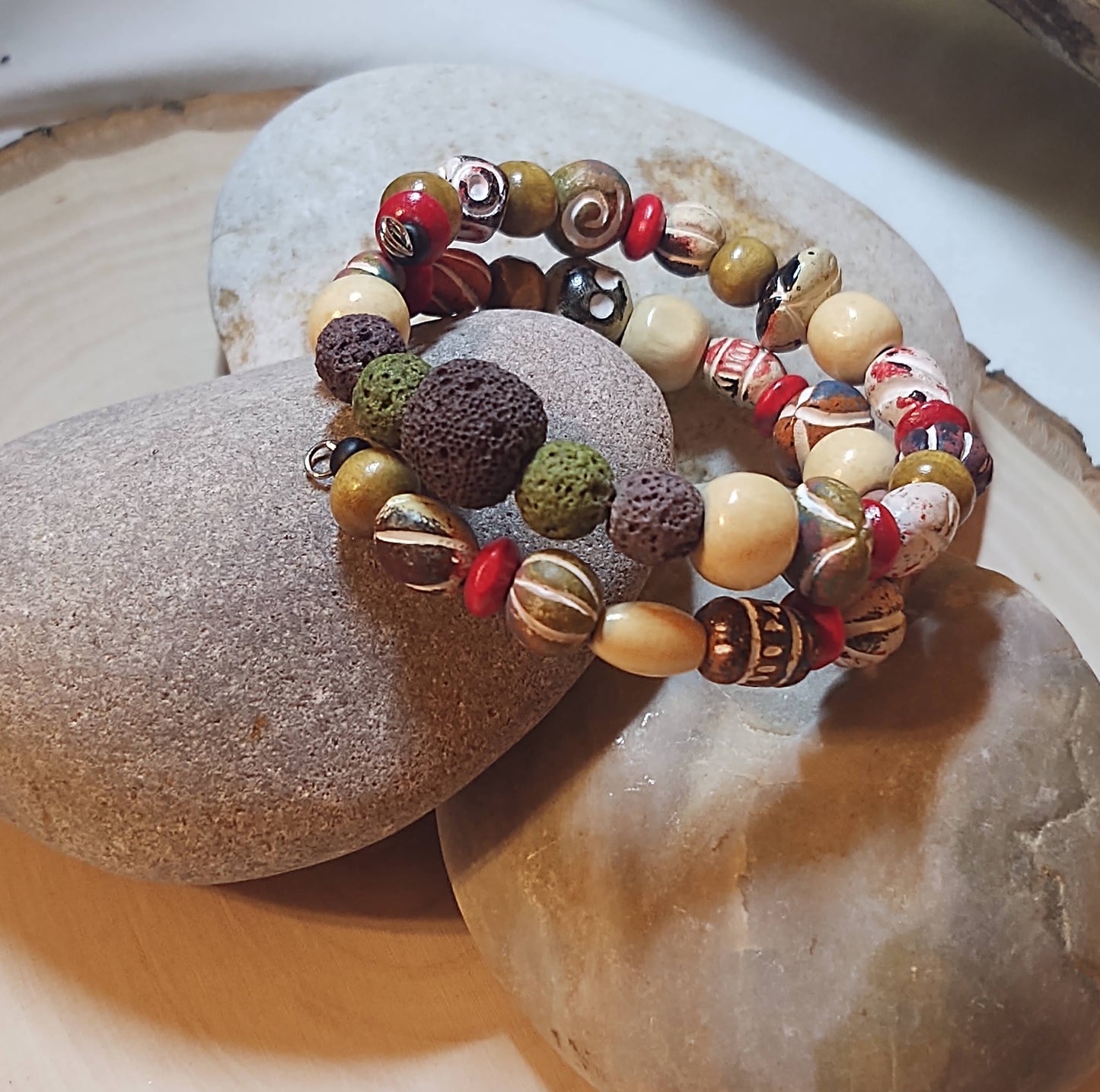 Lava Bead Memory Wire Bracelet with Colorful Clay & Wood Beads