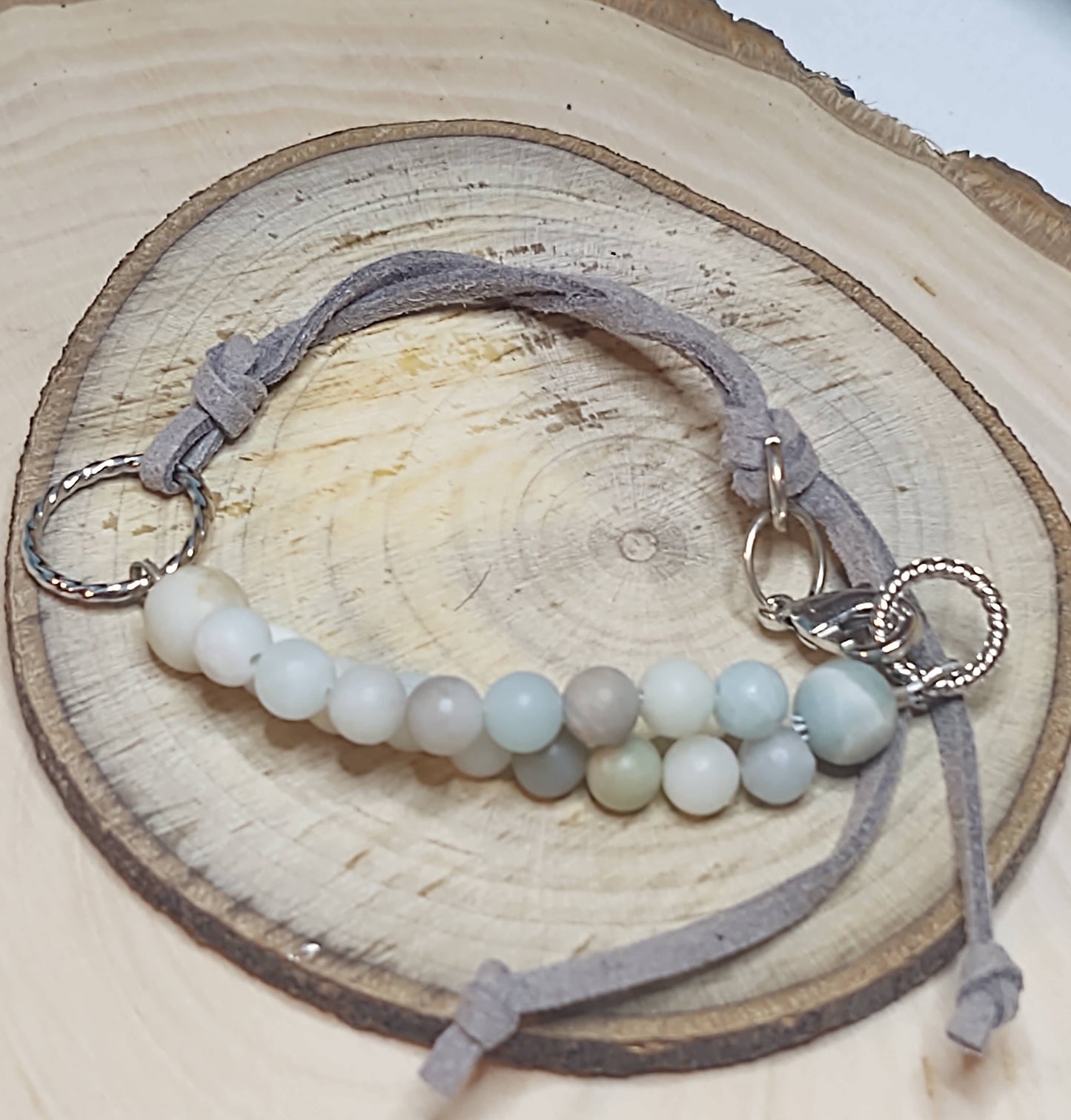 Adjustable Bracelet on Gray Suede and Amazonite Beads & Silver tone Accents