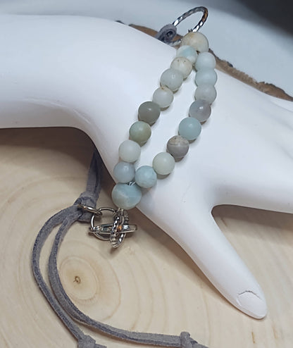 Adjustable Bracelet on Gray Suede and Amazonite Beads & Silver tone Accents