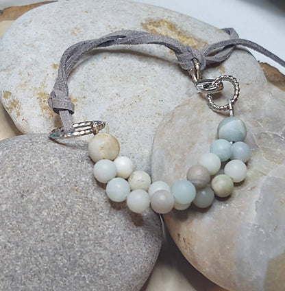 Adjustable Bracelet on Gray Suede and Amazonite Beads & Silver tone Accents