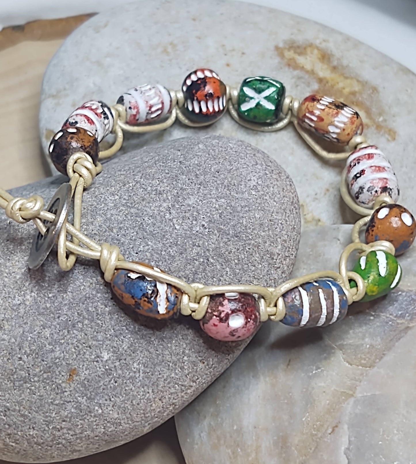 Colorful Clay Beads on Pearl White Leather