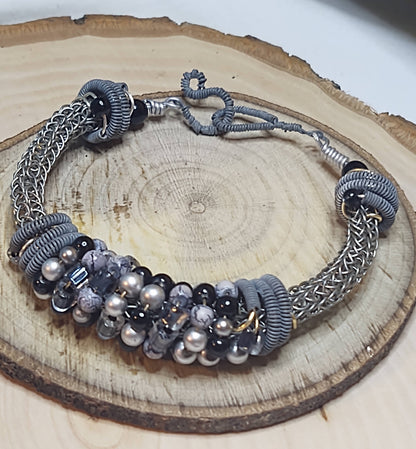 Silver Viking Knit Bangle With Black & Gray Accents