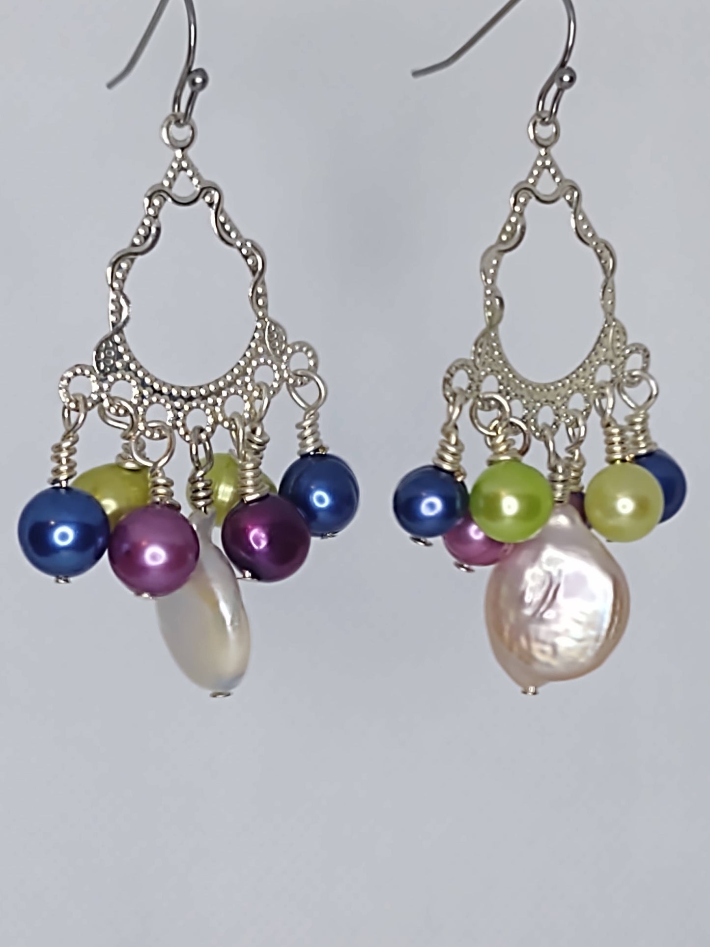 Multicolor Freshwater Pearls Chandelier Earrings on Stainless Steel Ear Wires