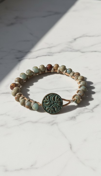 African Opal Jasper on Natural Tan Leather Bracelet & Blue Patina Button