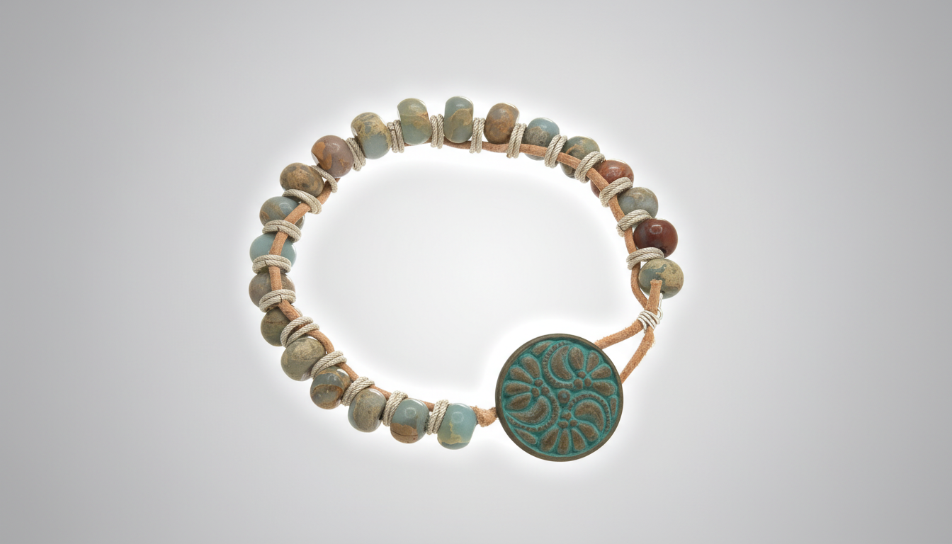 African Opal Jasper on Natural Tan Leather Bracelet & Blue Patina Button