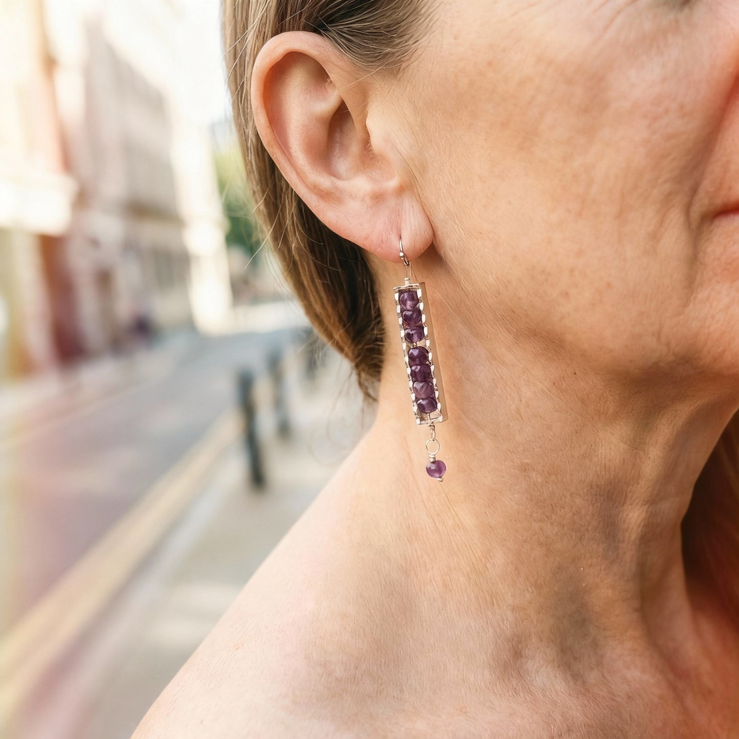Amethyst in Silver Tone Scalloped Frame on Stainless Steel Ear Wires
