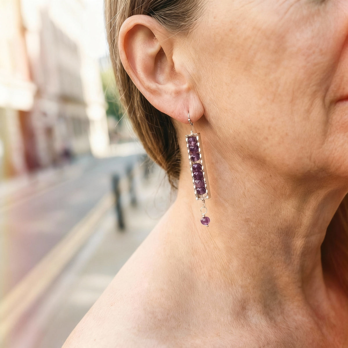 Amethyst in Silver Tone Scalloped Frame on Stainless Steel Ear Wires