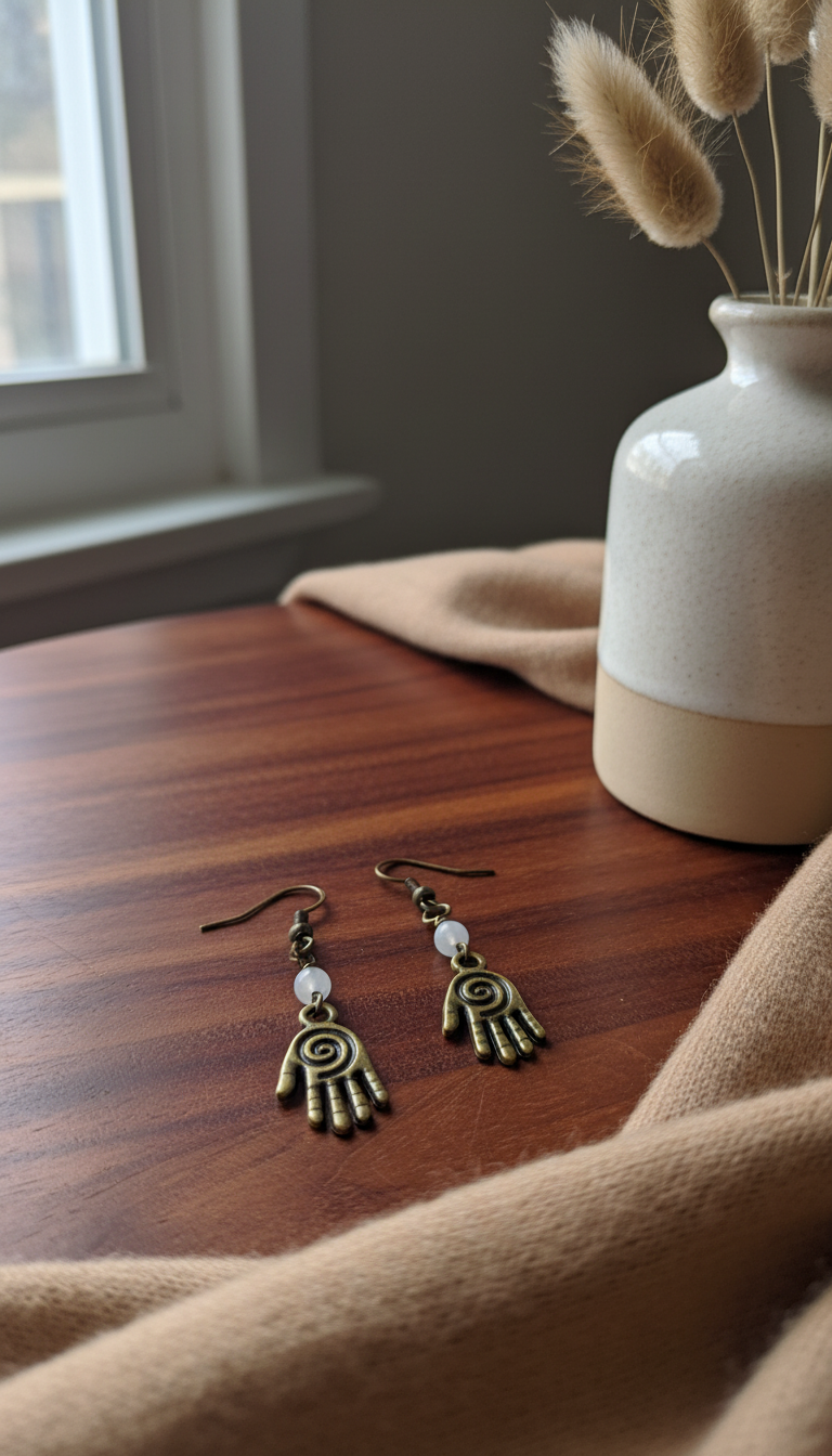 Antique Brass Healing Hand &amp; White Quartzite Earrings on Antique Brass Ear Wires
