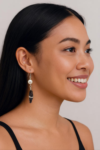 Iridescent Brown Biwa Stick Pearls and Round White Pearls With Silver Tone Accents and Stainless Steel Ear Wires