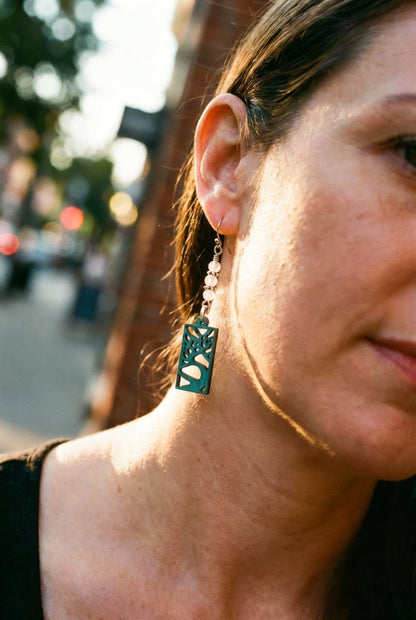 Laser Cut Wood "Trees" Painted Teal Blue & White Quartzite on Stainless Steel Ear Wires