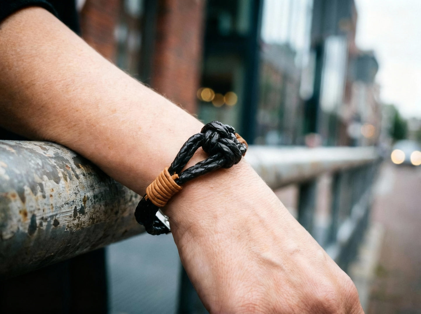 "LOVE" Knot on Bolo Brown & Tan Leather Bracelet - Large