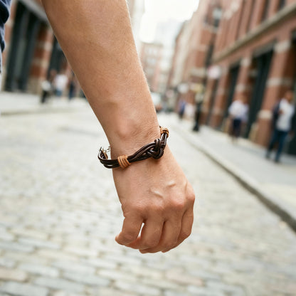 "LOVE" Knot on Bolo Brown & Tan Leather Bracelet - Large