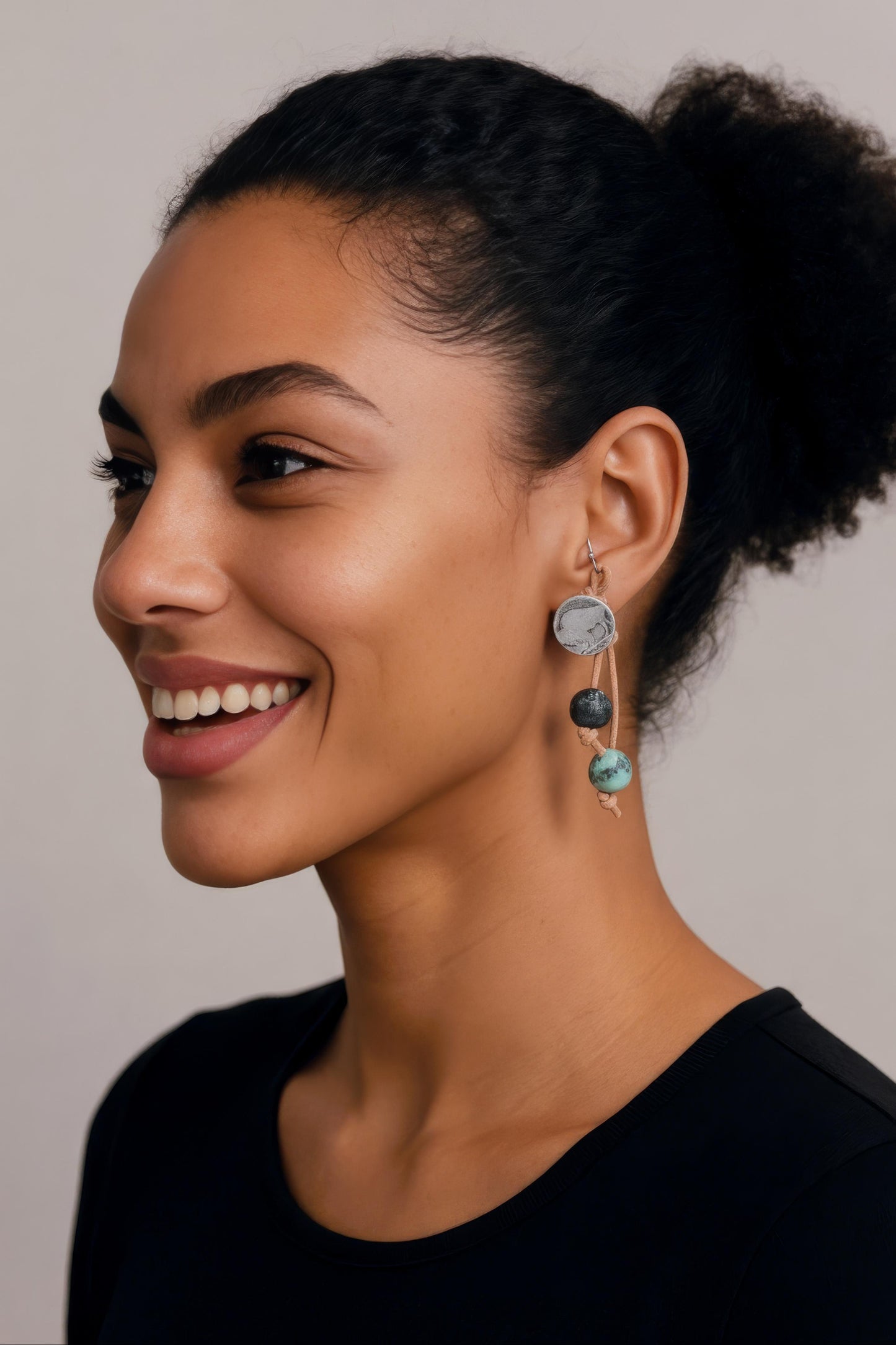 Buffalo Nickel Button Earrings on Natural Tan Leather with Sim. African Turquoise on Stainless Steel Ear Wires