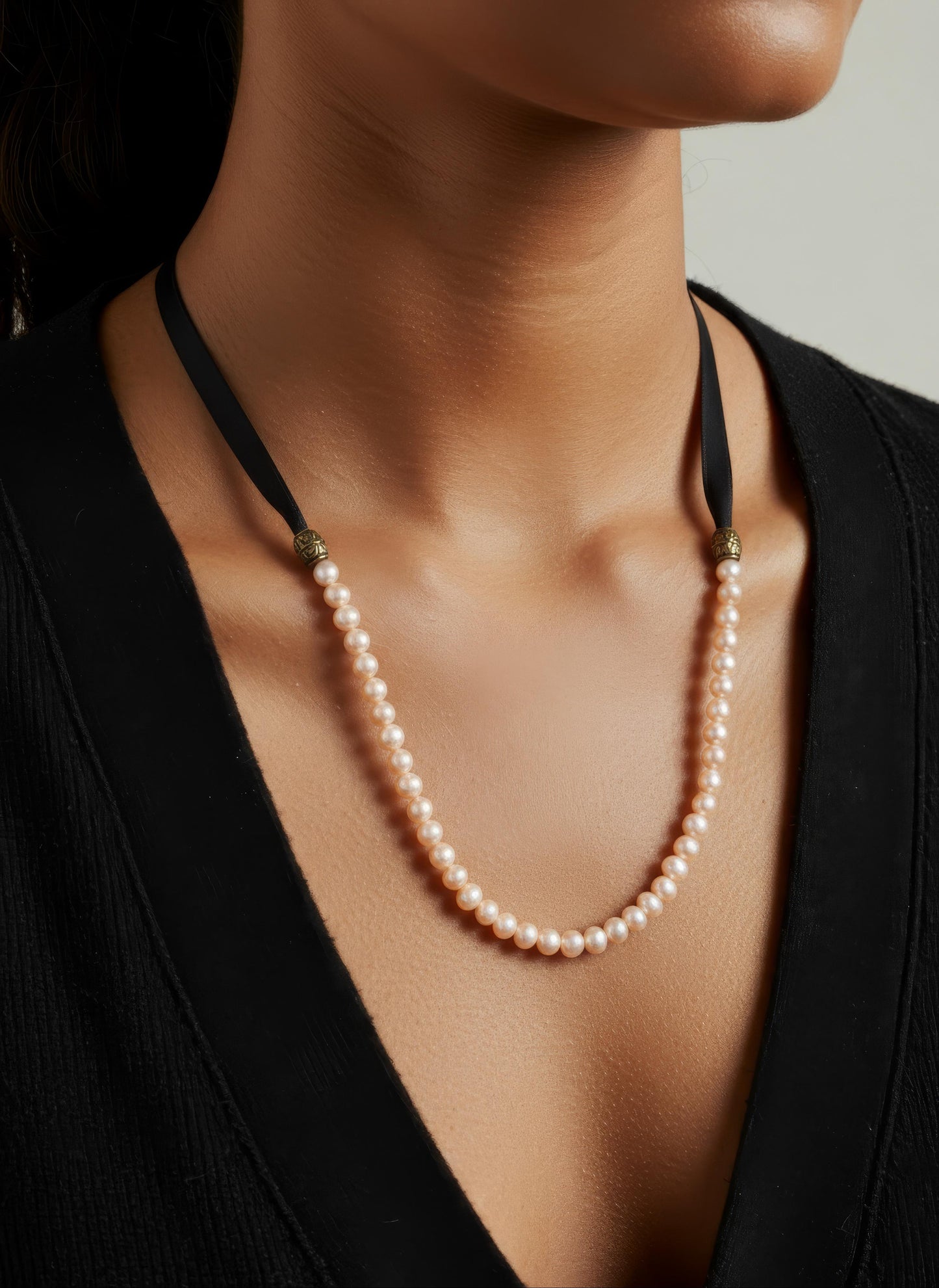 Champagne Pearls and Dark Brown Leather Necklace