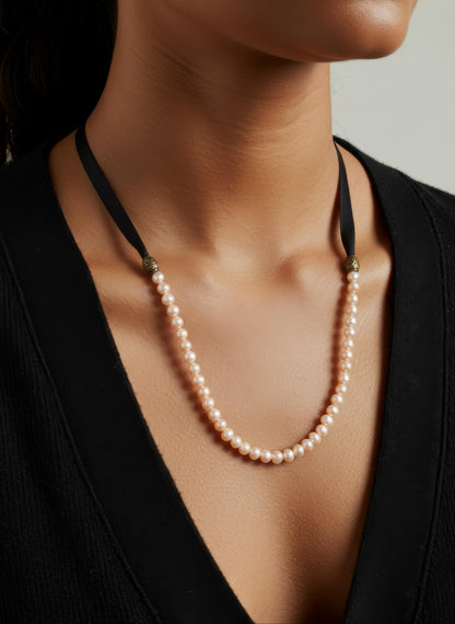 Champagne Pearls and Dark Brown Leather Necklace