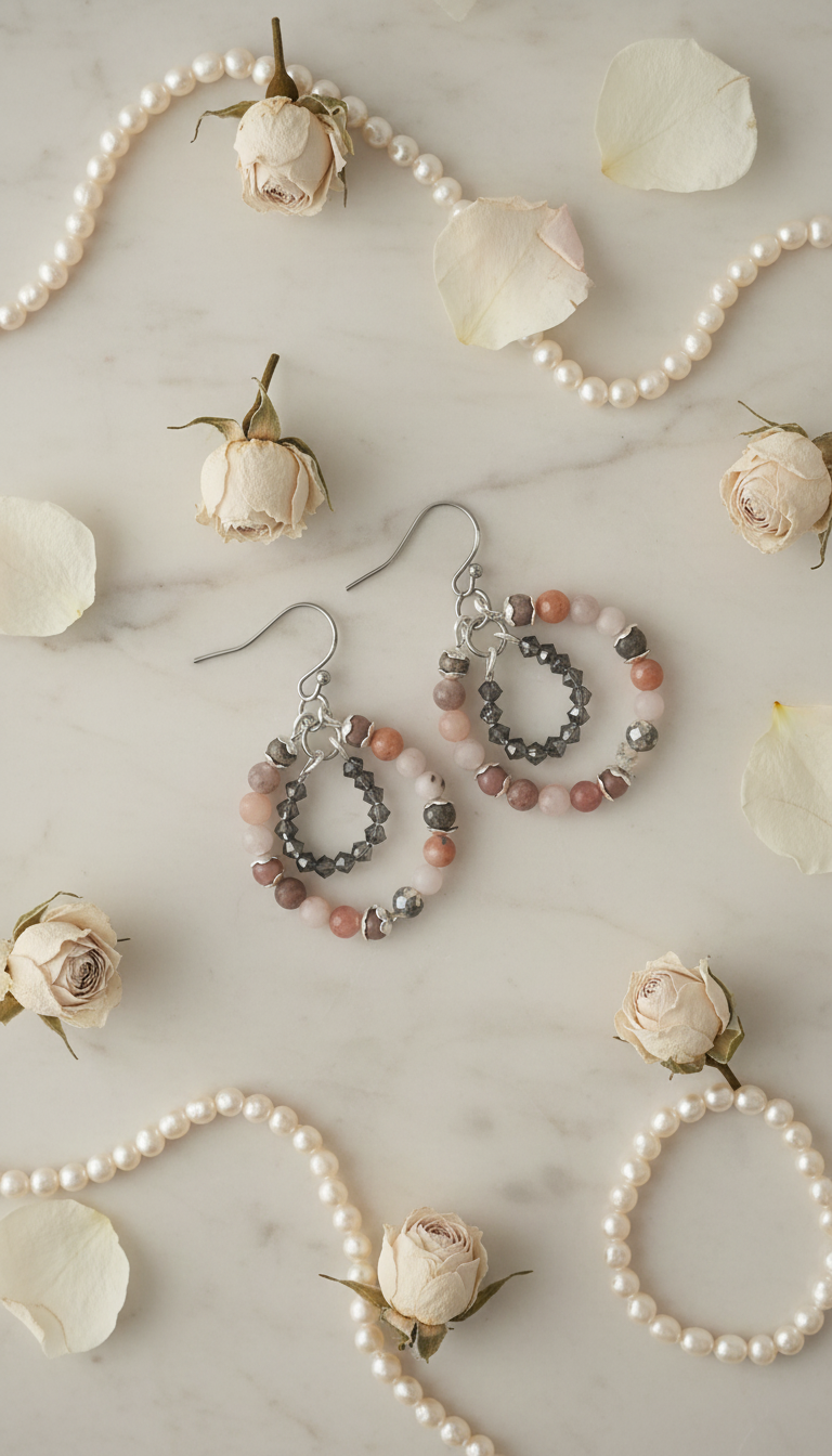 Chili Calcite & Swarovski Crystals Double Rings Earrings on Stainless Steel Ear Wires
