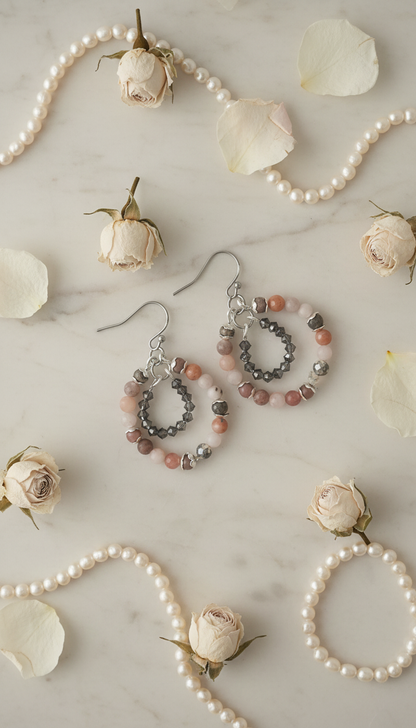 Chili Calcite & Swarovski Crystals Double Rings Earrings on Stainless Steel Ear Wires