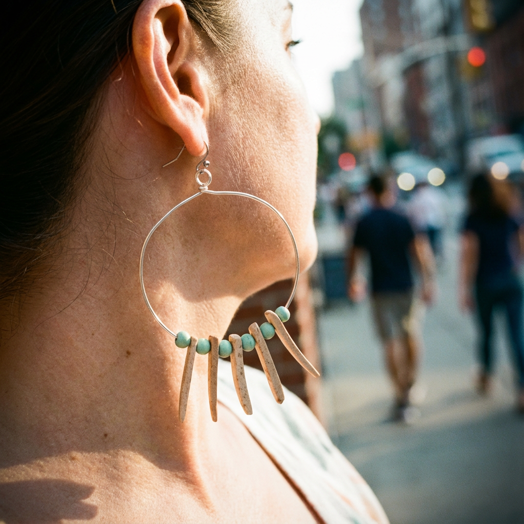 Large Wire Hoop Earrings With Cream Spikes & Blue Rounds on Stainless Ear Wires
