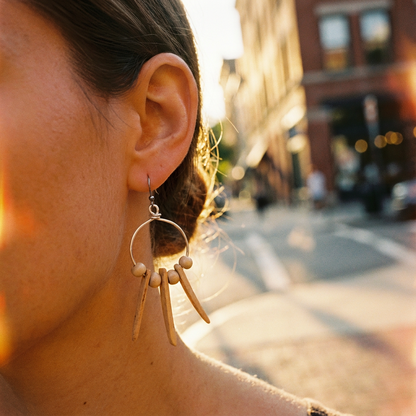 Small Wire Hoop Earrings With Cream Wood Spikes & Beads on Stainless Steel Ear Wires