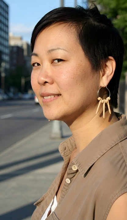 Small Wire Hoop Earrings With Cream Wood Spikes & Beads on Stainless Steel Ear Wires