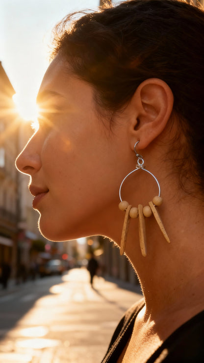 Small Wire Hoop Earrings With Cream Wood Spikes & Beads on Stainless Steel Ear Wires