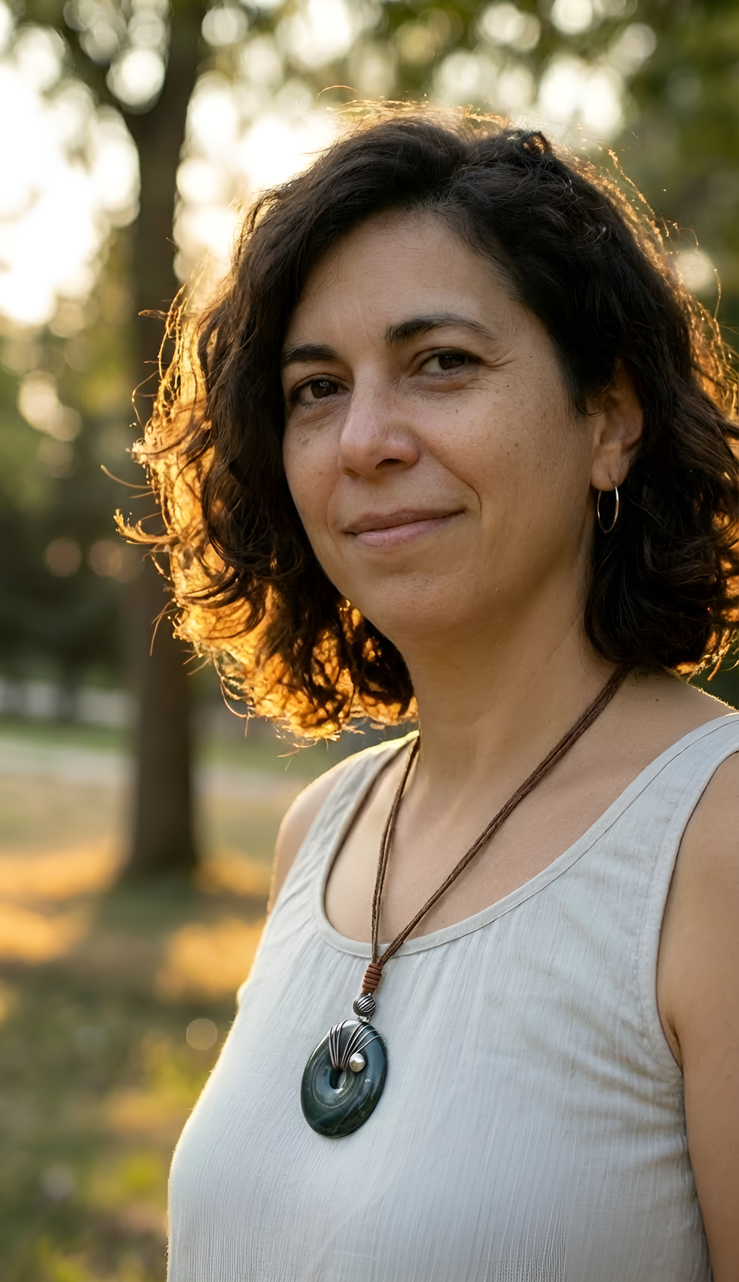 Dark Green Gemstone Donut Silver Tone Wire-Wrapped With Clay & Wood Beads on Adjustable Saddle Brown Leather & Stainless Steel Ear Wires