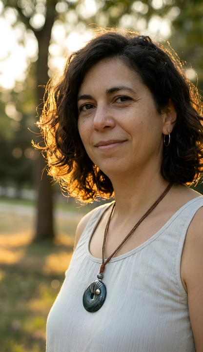 Dark Green Gemstone Donut Silver Tone Wire-Wrapped With Clay & Wood Beads on Adjustable Saddle Brown Leather & Stainless Steel Ear Wires