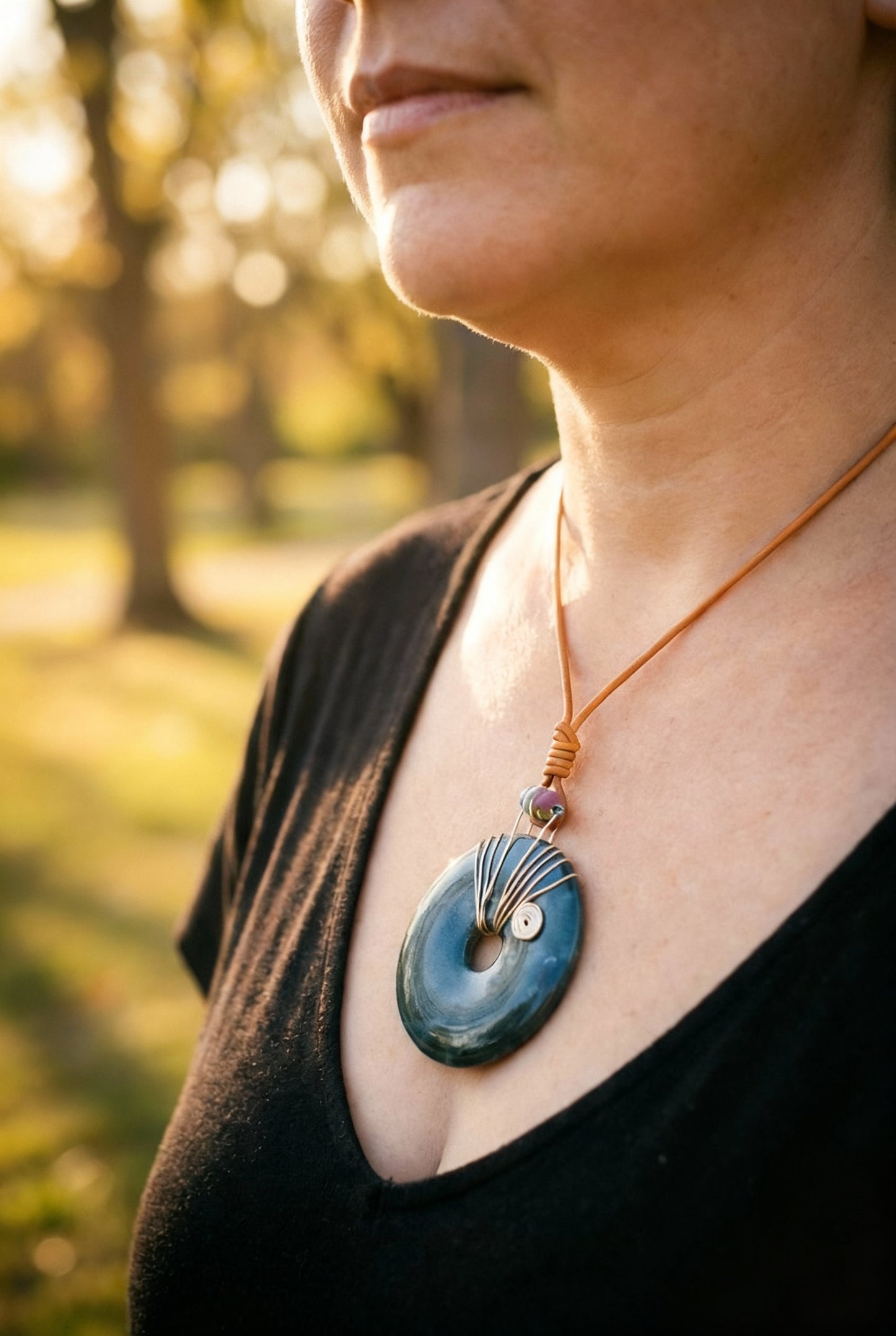 Dark Green Gemstone Donut Silver Tone Wire-Wrapped With Clay & Wood Beads on Adjustable Saddle Brown Leather & Stainless Steel Ear Wires