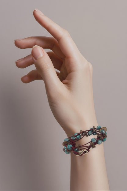 Turkish Red Leather Double Wrap Bracelet with Wood & Patina Beads