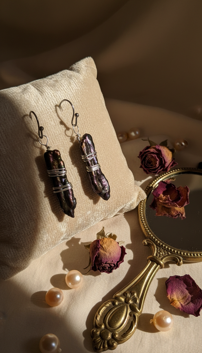 Iridescent Brown Biwa Stick Pearls With Double Wrap Silver Tone Accents & Stainless Steel Ear Wires