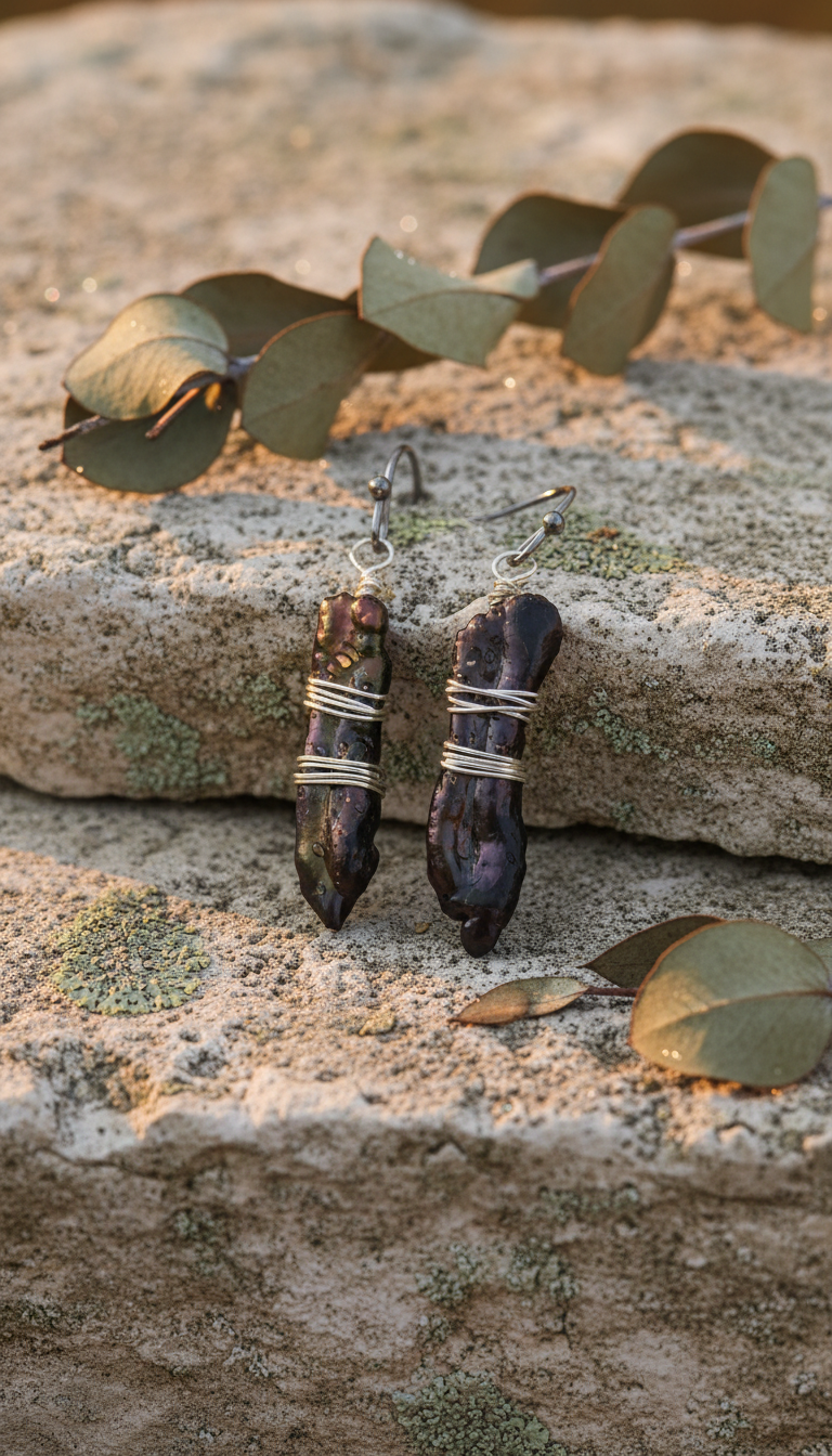 Iridescent Brown Biwa Stick Pearls With Double Wrap Silver Tone Accents & Stainless Steel Ear Wires