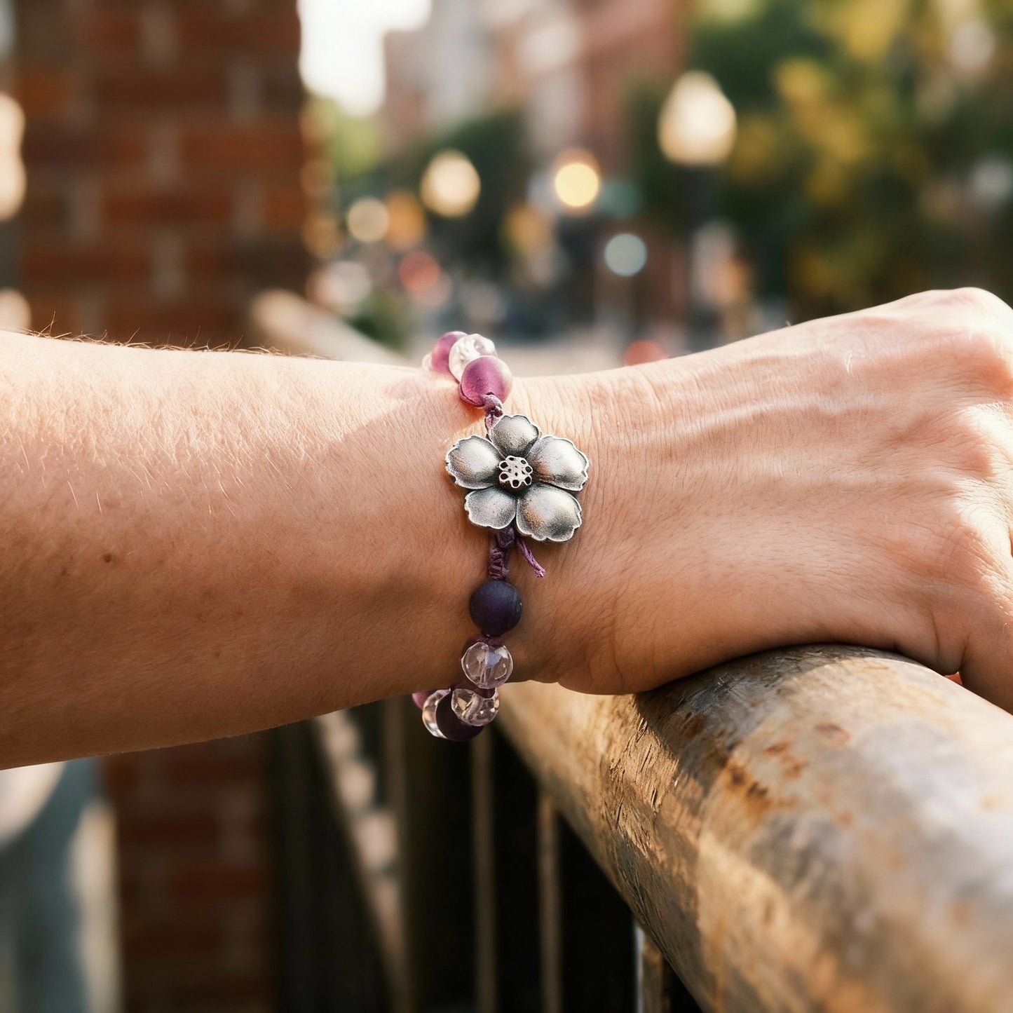 Hand-Knotted Purple Druzy Quartz Bracelet With Crystals and Periwinkle Blossom Button Closure